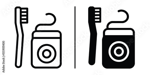 Dental Hygiene Essentials: Simple line art icons representing a toothbrush and dental floss, essential tools for maintaining good oral hygiene.  Perfect for dental websites, brochures.