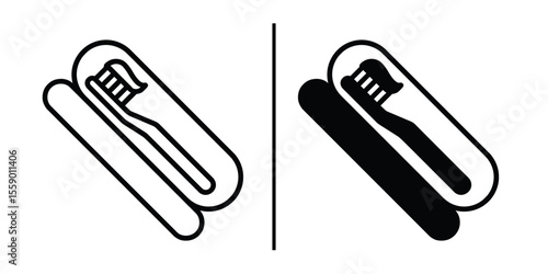 Toothbrush in Case: A minimalistic graphic presenting a toothbrush with toothpaste housed within a protective case, symbolizing cleanliness and hygiene.