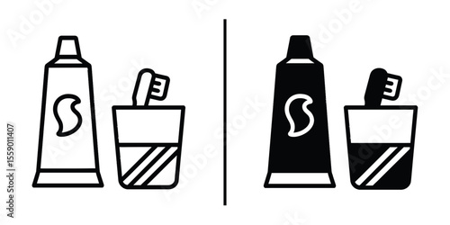 Oral hygiene illustration: This graphic illustration shows the essentials of daily dental care: toothbrush, toothpaste, and a glass.