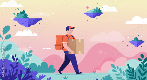 A delivery man is carrying a box in a fantasy landscape, with floating islands and colorful plants, showcasing a modern and imaginative delivery service concept.