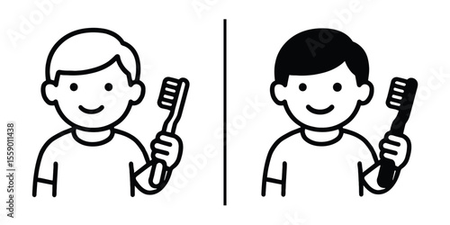 Morning Hygiene Ritual: A minimalist illustration showcases two variations of a young person, each holding a toothbrush, symbolizing the simple yet essential act of morning oral care.