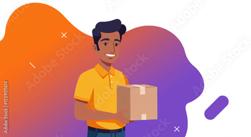 A smiling delivery man in a bright uniform holds a cardboard package, representing efficient shipping and friendly customer service against a vibrant abstract background.