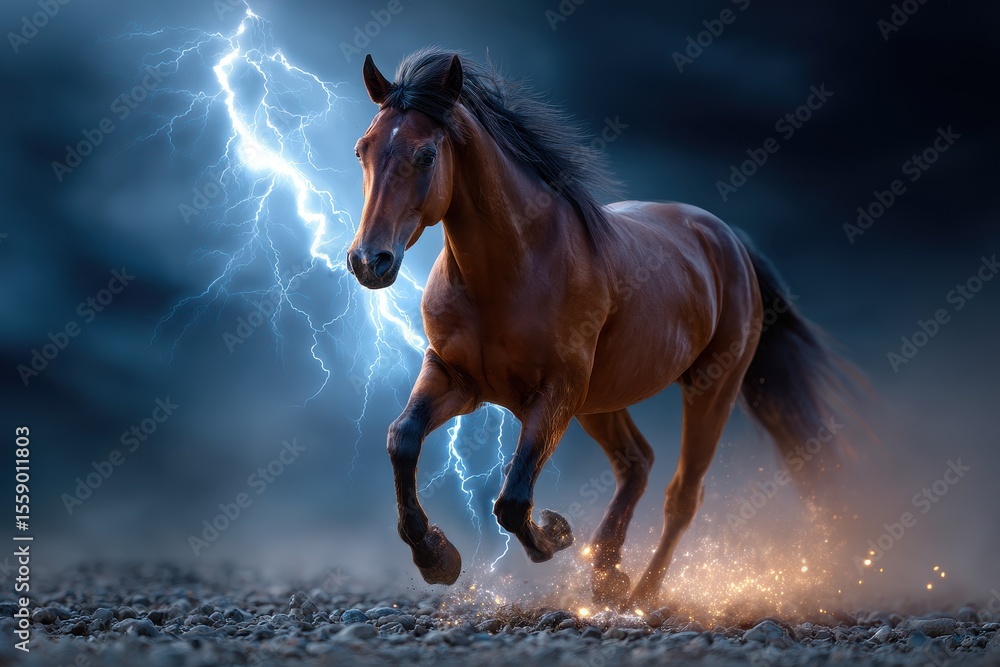 Fototapeta premium Wild horse galloping through stormy landscape with lightning striking in the background at dusk