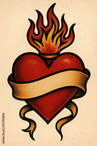 Vibrant tattoo design showcasing a heart engulfed in flames, wrapped with a decorative banner, set against a cream-colored backdrop.