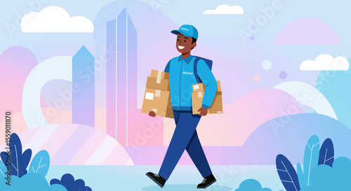 A cheerful Black delivery man with a backpack walks through a colorful, stylized city carrying packages, representing fast and reliable shipping services.