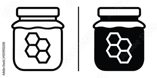Honey Jar Icons: Two simple yet versatile icons depicting a honey jar with a honeycomb design, perfect for various applications. One is an outline icon, the other a filled icon.