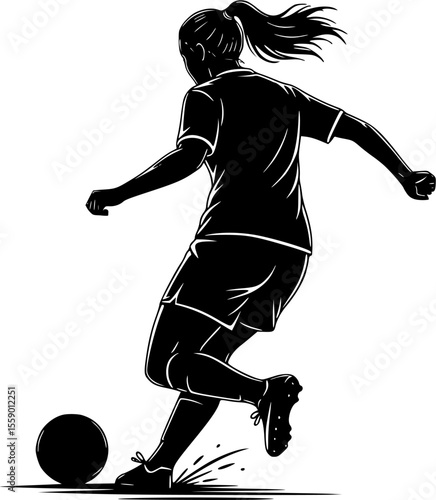Silhouette of a Woman Soccer Player Running with Ball