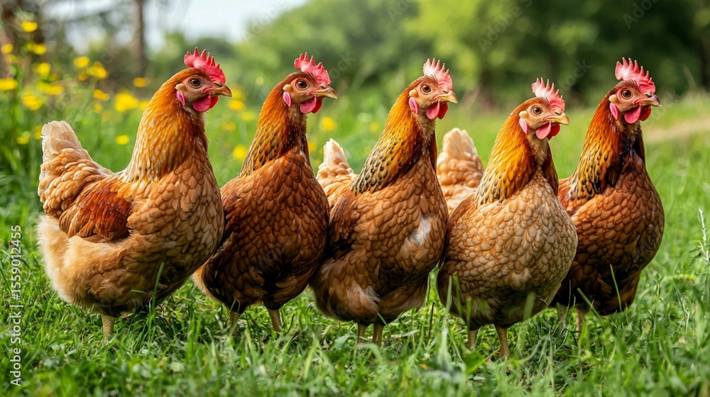Fototapeta premium Group of Brown Chickens in Green Field