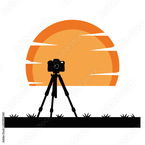 Compact Camera on Folded Tripod at Sunrise, Flat Vector Illustration