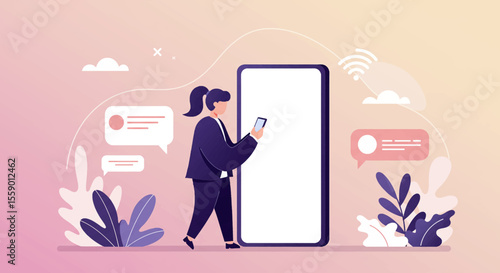 a person standing next to a phone with a speech bubble