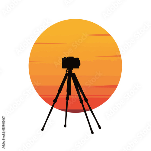Compact Camera on Folded Tripod at Sunrise, Flat Vector Illustration