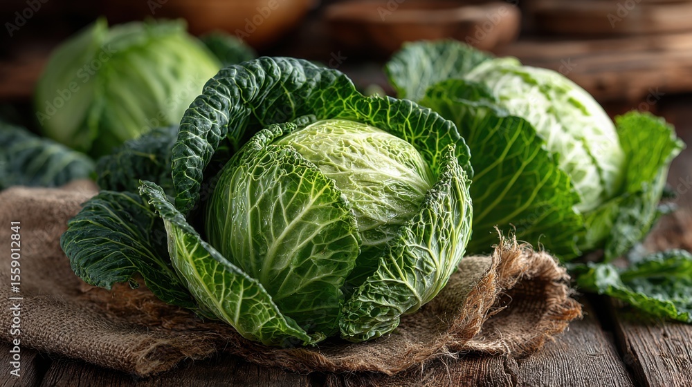 Fototapeta premium Several vibrant green cabbages rest on a burlap cloth atop a rustic wooden table, showcasing their crisp leaves and fresh appearance. The natural setting highlights their organic quality.