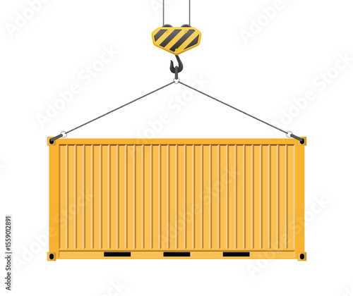 A yellow intermodal shipping container hangs suspended by cables connected to a crane hook. The container is seen from the front, on a plain white backdrop. 