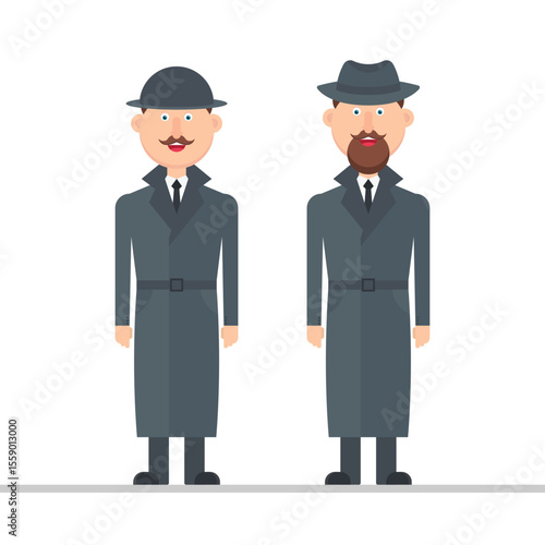 Two men, presented in a flat, stylized design, are wearing matching hats and trench coats. One has a mustache and the other has a beard, adding individuality.