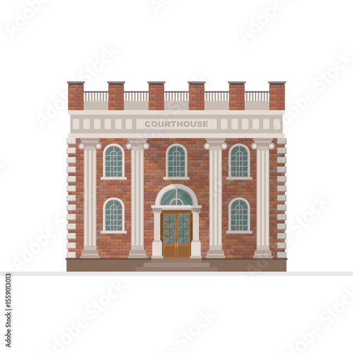 Illustration of a courthouse building, showcasing its brick facade, symmetrical structure, classic columns, arched windows, and stately entrance. A symbol of justice and law.