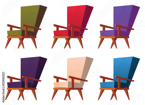 This image shows a set of armchairs. Each armchair has a unique color. The armchairs have wood frames and angled legs. They appear modern and whimsical.