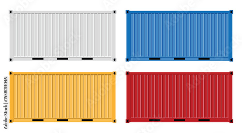 Illustration of four metal shipping containers in white, blue, yellow, and red, arranged in a grid. The containers are corrugated for strength and used in logistics.
