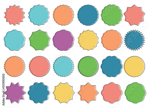 A bright and cheerful composition of twenty-four assorted shapes, predominantly round, each with unique decorative edging, and filled with pastel colors, on white.