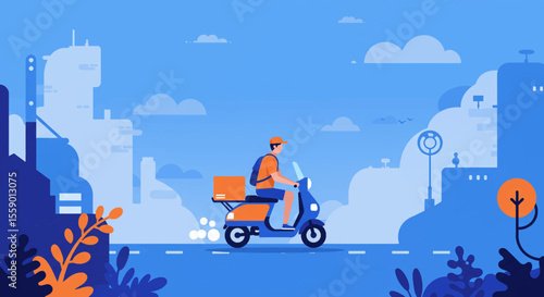 A male courier rides a blue scooter through a modern city delivering a package, illustrating fast and efficient online order service.