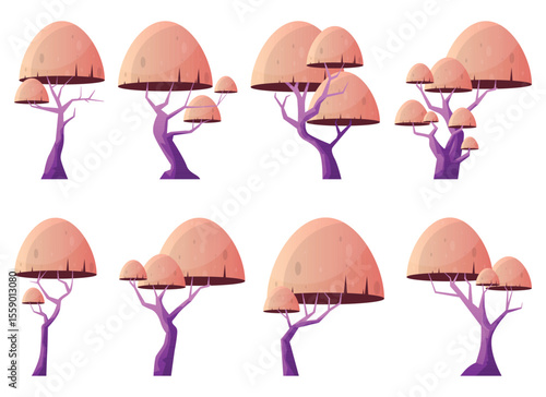 Cartoon trees with dome-shaped canopies in pastel colors and purple trunks are arranged in a whimsical, playful pattern against a clean white backdrop.The fantasy trees are visually engaging.