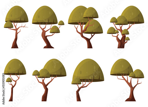 A collection of cartoon trees with dark brown trunks and spherical green canopies are arranged against a white background. The trees vary in height and branching.