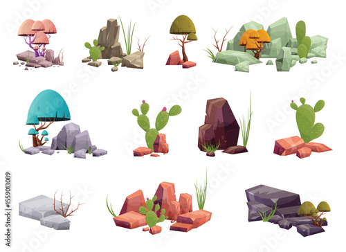 This desert scenery is dotted with various cacti, plants, mushrooms and rock formations, offering a unique view of an arid landscape. Various colors are represented.