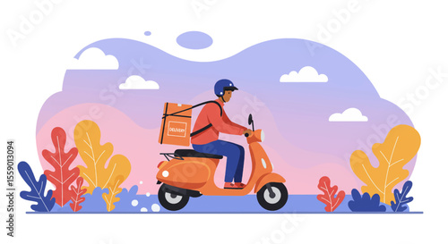 A delivery person on a scooter transports packages through a residential area, showcasing a vibrant and sunny day in a simple, vector-style illustration.