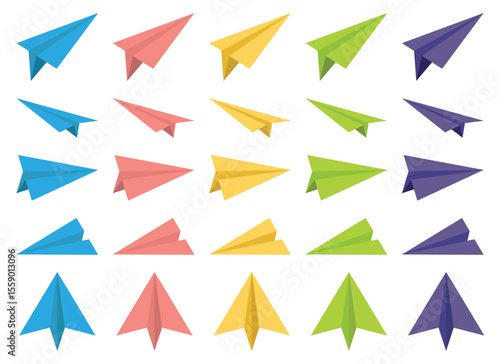 An arrangement of twenty paper airplanes, evenly spaced on a pure white backdrop. The planes showcase a diverse color palette with vibrant shades.