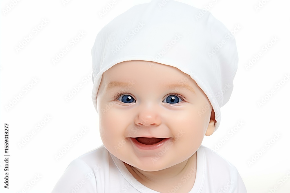 Portrait of a cheerful baby wearing white clothes and a hat, isolated on a white background, expressing happiness and joy Portrait of a cheerful baby wearing white clothes and a hat, isolated on a white background, expressing happiness and joy