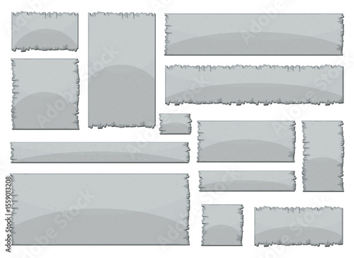 A set of grey stone-textured banners in varying shapes and sizes, ideal for website elements or game design. Features rough edges and a slightly worn surface for effect.