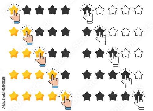 An illustration of star rating systems, showing hand icons clicking to select star values. Stars range from one to five. The image represents feedback and ratings.