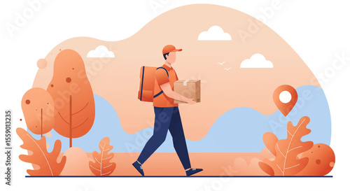 A delivery man walks through a stylized landscape carrying a package, showcasing the convenience and efficiency of modern delivery services in an illustration.