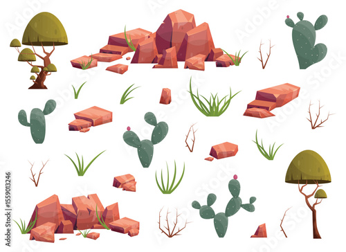 A cartoon desert scene isolated on white, with red rocks, varied cacti, stylized trees, and tufts of green grass suggesting a simplified, arid ecosystem.