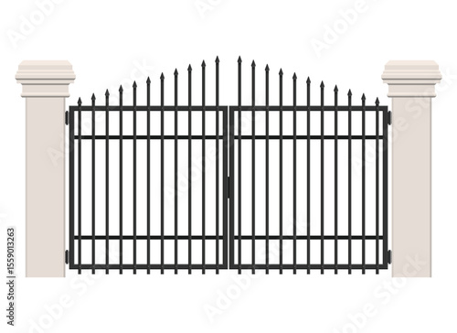 Illustration of a black wrought iron gate featuring pointed finials atop each vertical bar, flanked by substantial cream-colored stone pillars set against a stark white backdrop.