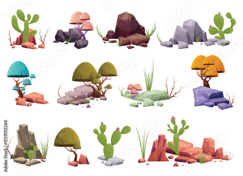 A collection of stylized desert terrain elements featuring cacti, unusual trees, rocks, and sparse desert vegetation, set against a clean, white background to highlight each element.