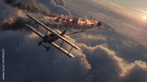 World War I biplane dogfight in the sky, cinematic wide shot