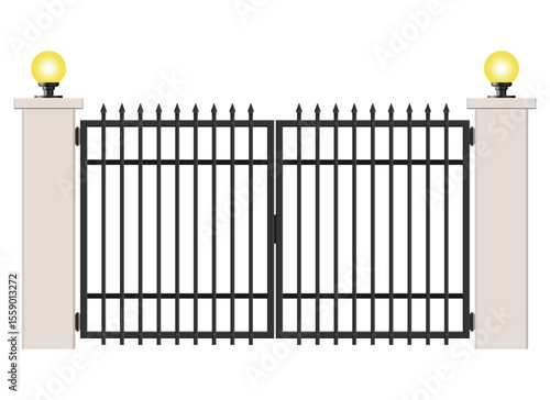 A symmetrical view of a black, gated entrance. Concrete pillars with spherical lights on top frame the ornate metal gate. The scene suggests security and privacy.