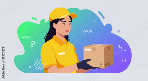 A friendly female delivery person in a bright yellow uniform carefully holds a package, symbolizing efficient shipping and logistics services against a vibrant abstract background.
