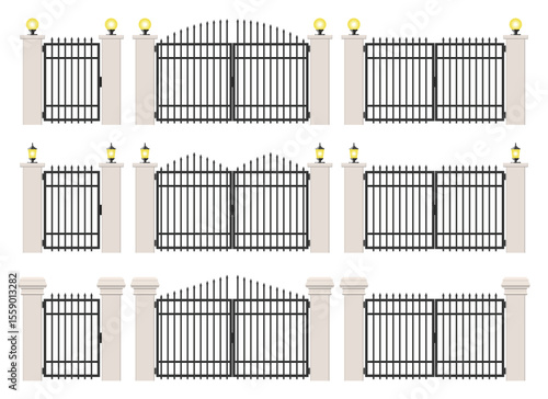 Various illustrated wrought iron gate designs, accompanied by ornate posts topped with lamps, suitable for entrances to properties or estates, enhancing curb appeal.