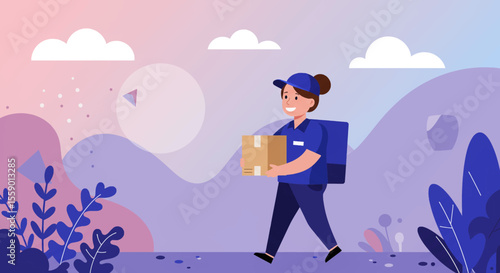 a delivery person walking with a package against a backdrop of a cloudy sky, mountains, and colorful plants. Suitable for landing page, banner, marketing, web design, presentation, infographic, etc.