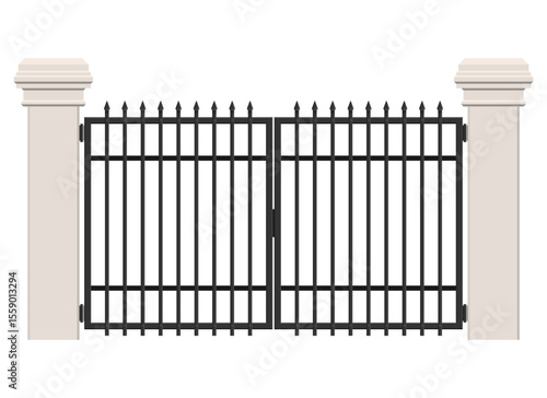 Illustration of a closed, black metal gate featuring spear tips along the top. The gate is flanked by two white concrete posts against a neutral background.