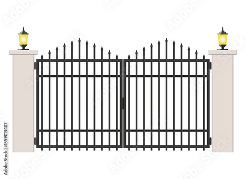 A symmetrical iron gate stands between two stone pillars, each topped with a glowing lamp. The gate features a decorative spiked design creating a classic entrance.