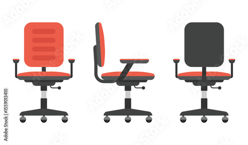 Three perspectives of an adjustable office chair, showcasing its red and black color scheme, rolling base, and armrests, set against a clean, white background.