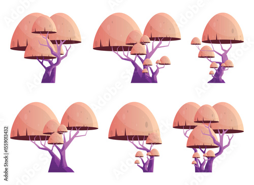 This cartoon set features stylized trees with dome-shaped canopies in pastel shades and purple trunks. Each tree is uniquely designed, enhancing the surreal aesthetic.