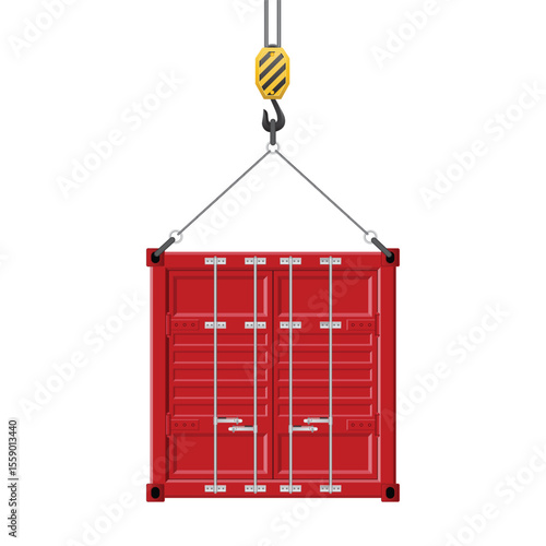 A red shipping container is being lifted by a yellow and black crane against a white background, indicating it is ready for delivery and worldwide transportation.