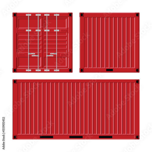A red shipping container is presented in three different views, including the front, side, and top angles, each showing the structural features and details of the container's construction.