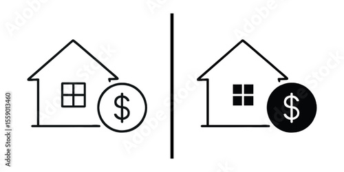 House Cost Icon Set: Simple line art icons depicting a house with a dollar sign, representing the cost of homeownership or real estate.