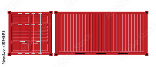 The image showcases a vibrant red shipping container, focusing on its corrugated walls and sturdy double doors, highlighting the container's structure and logistical function.