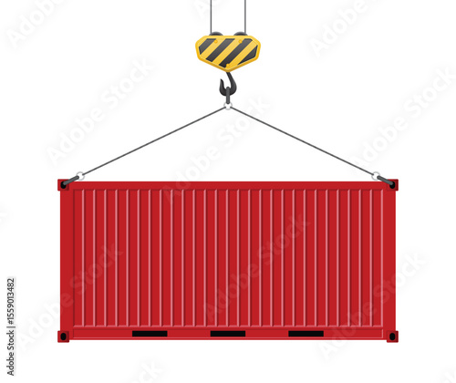 A red shipping container is suspended in the air by a crane. The container is striped and secured by cables from each corner. The crane is yellow with black stripes.
