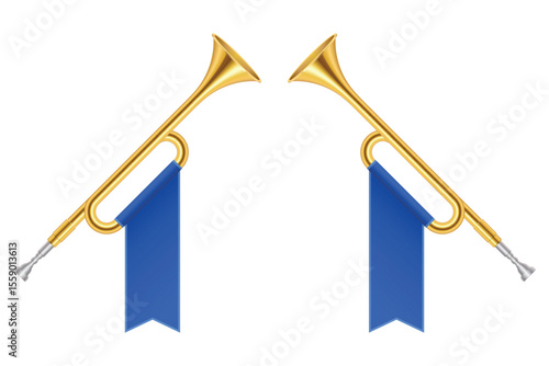 Two golden horns each adorned with vibrant royal blue banners, symbolizing celebration, triumph, and joyful announcements against a plain white background.